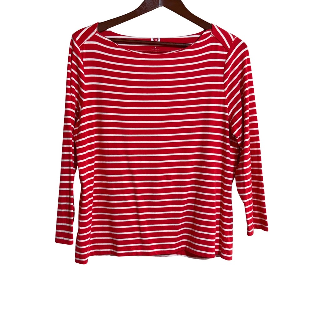 Anne Klein Womens Red White Striped Boat Neck Long Sleeve Top Size L